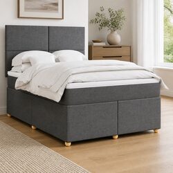 Double Box Spring Bed with Pocket Spring Mattress LED Lights Grey Fabric