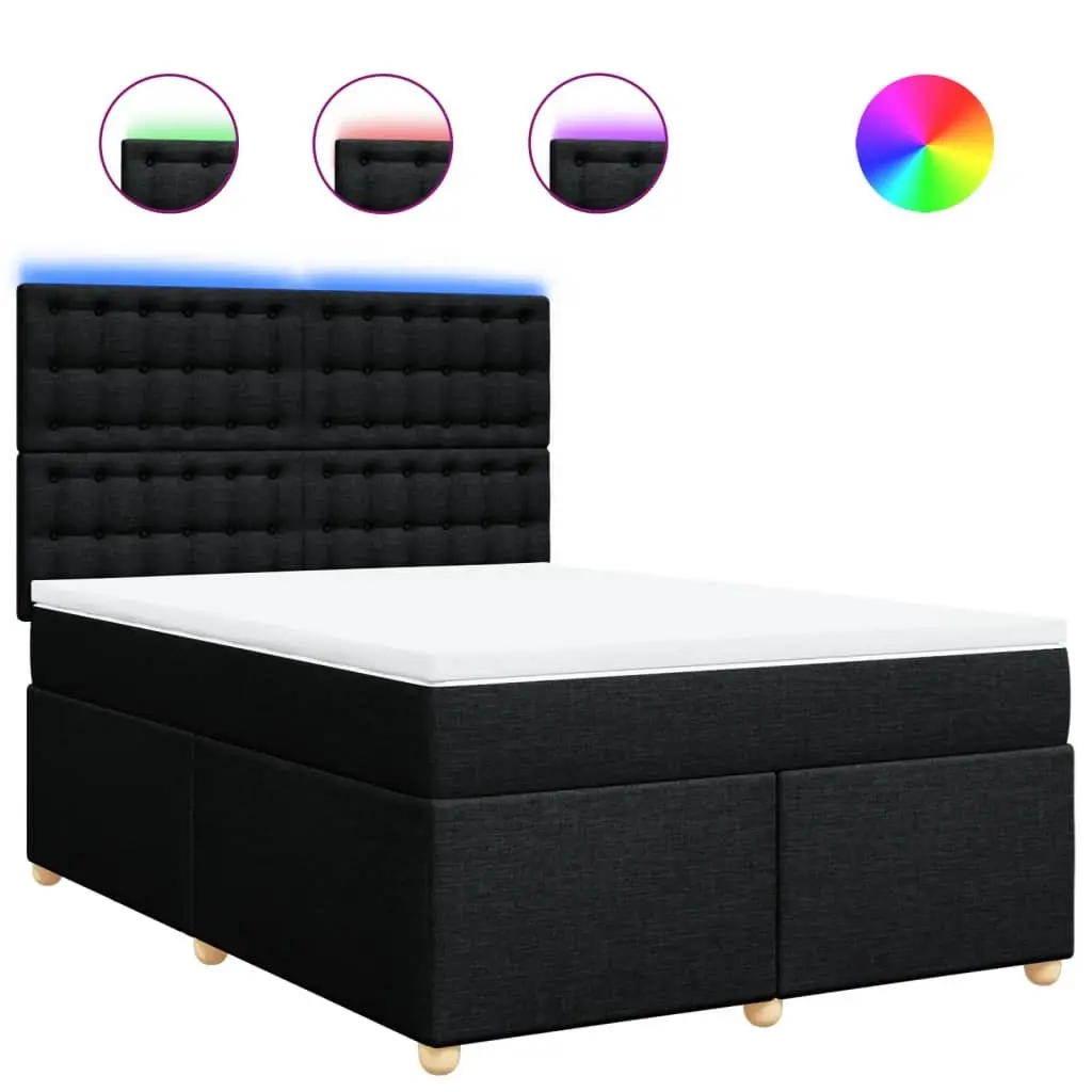 Double Box Spring Bed with Pocket Mattress LED Headboard Black Fabric