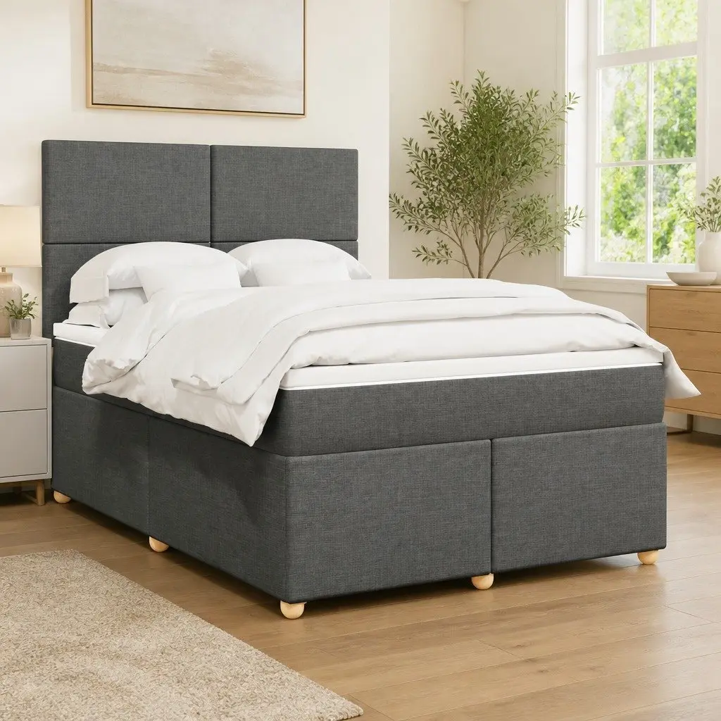 Queen Box Spring Bed with Pocket Mattress LED Lights Adjustable Headboard Grey