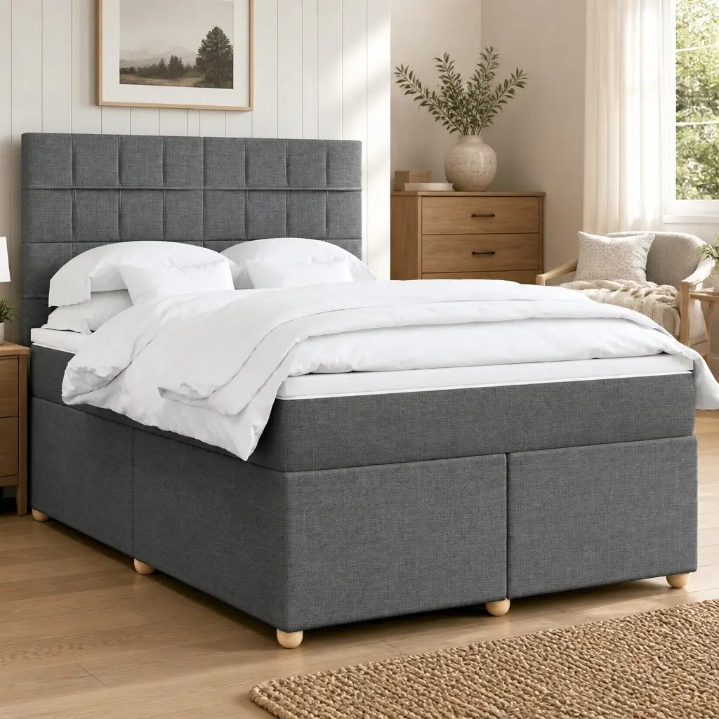 Box Spring Bed with Mattress Queen Size Dark Grey Fabric LED Headboard