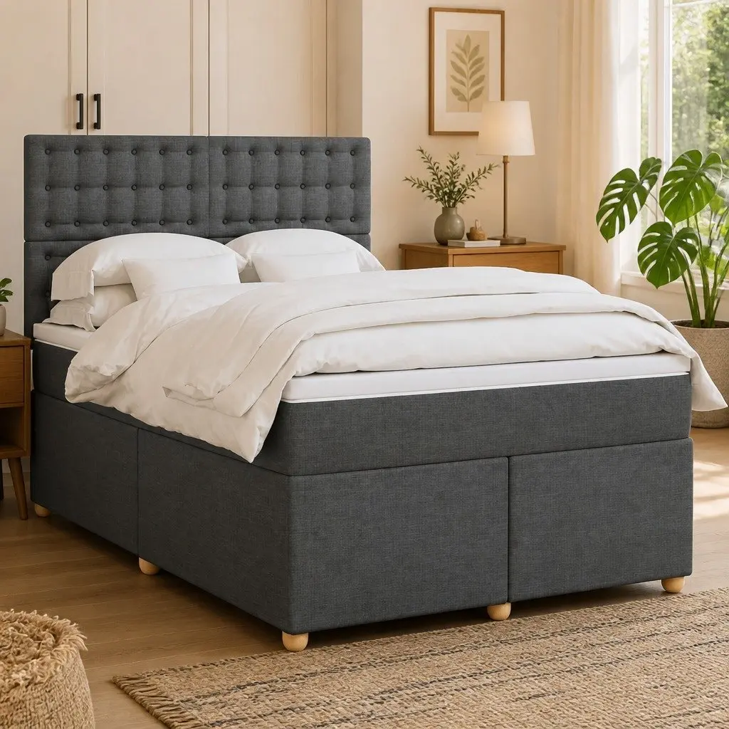 Queen Bed Frame with Adjustable Headboard Pocket Spring Mattress and LED Lighting Grey