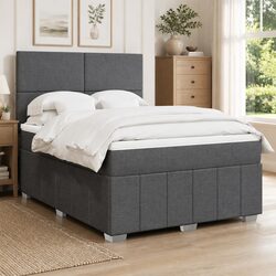 Double Box Spring Bed with Pocket Mattress Grey Fabric Adjustable Headboard LED