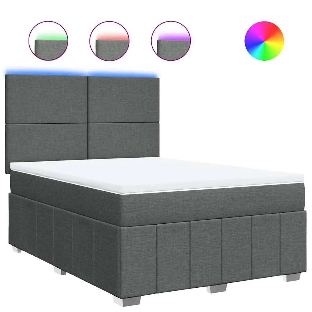 Queen Box Spring Bed with Pocket Spring Mattress LED Lights Grey Fabric