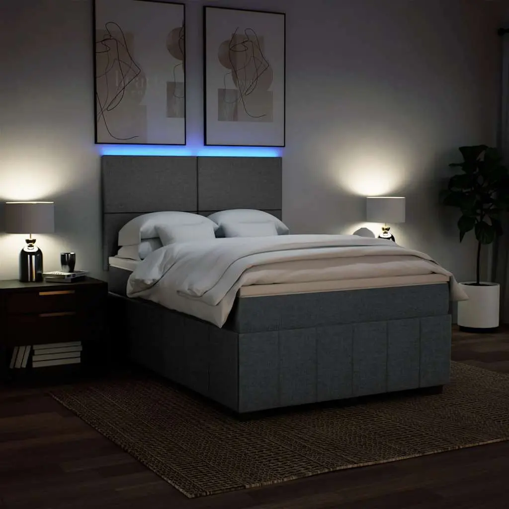 Queen Box Spring Bed with Pocket Spring Mattress LED Lights Grey Fabric