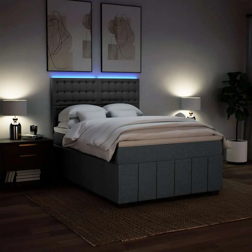 Queen Box Spring Bed with Pocket Mattress LED Lights Adjustable Headboard Grey