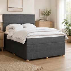 Double Box Spring Bed with Pocket Mattress LED Lights Grey Fabric Headboard