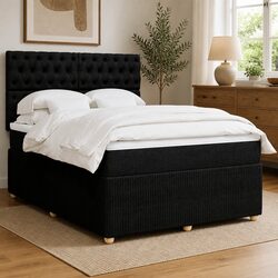 Double Box Spring Bed with Pocket Mattress LED Lights Adjustable Headboard Black