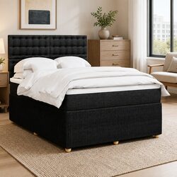 Double Box Spring Bed with Pocket Sprung Mattress LED Lights Black Fabric