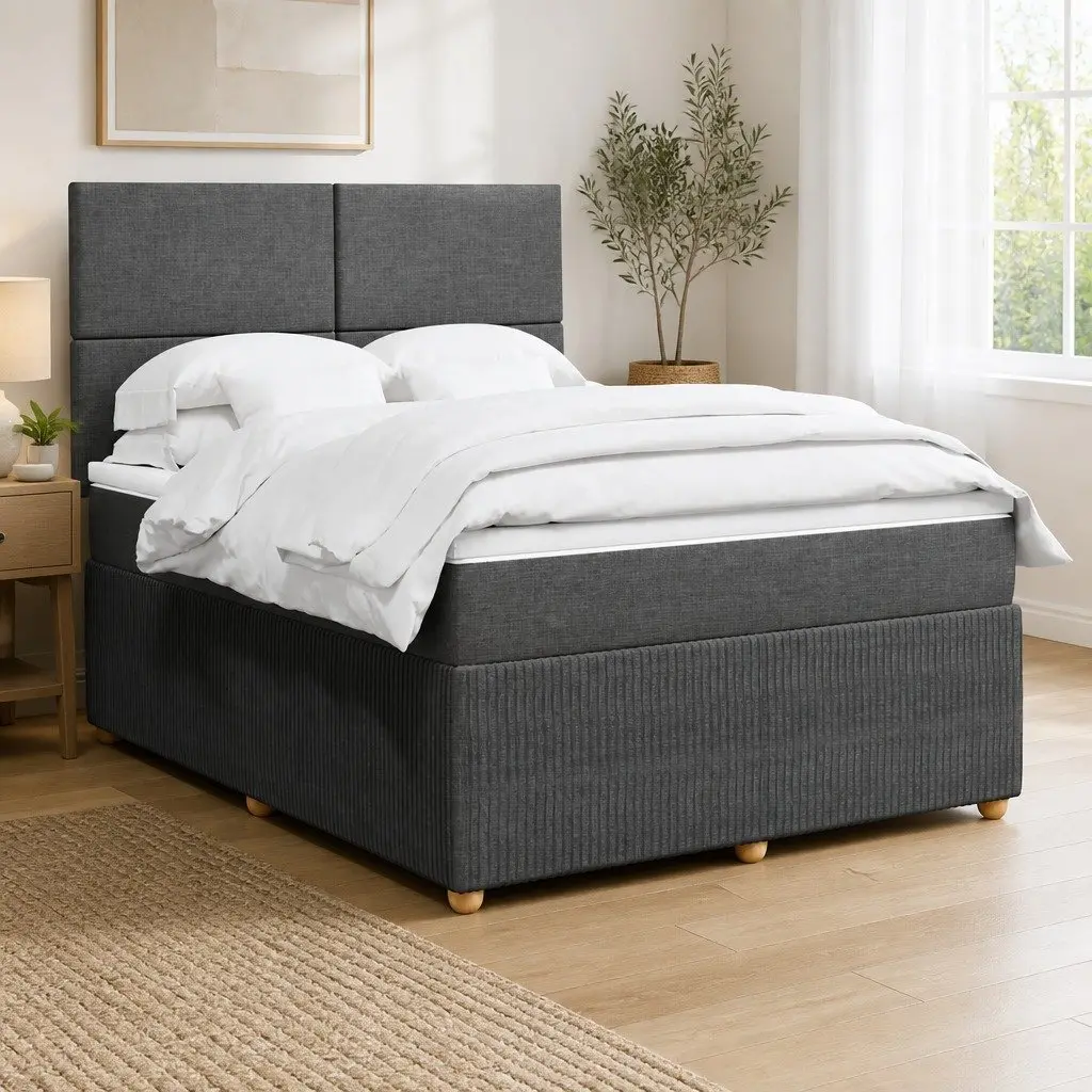 Queen Box Spring Bed with Pocket Spring Mattress and LED Lights Grey Fabric Frame