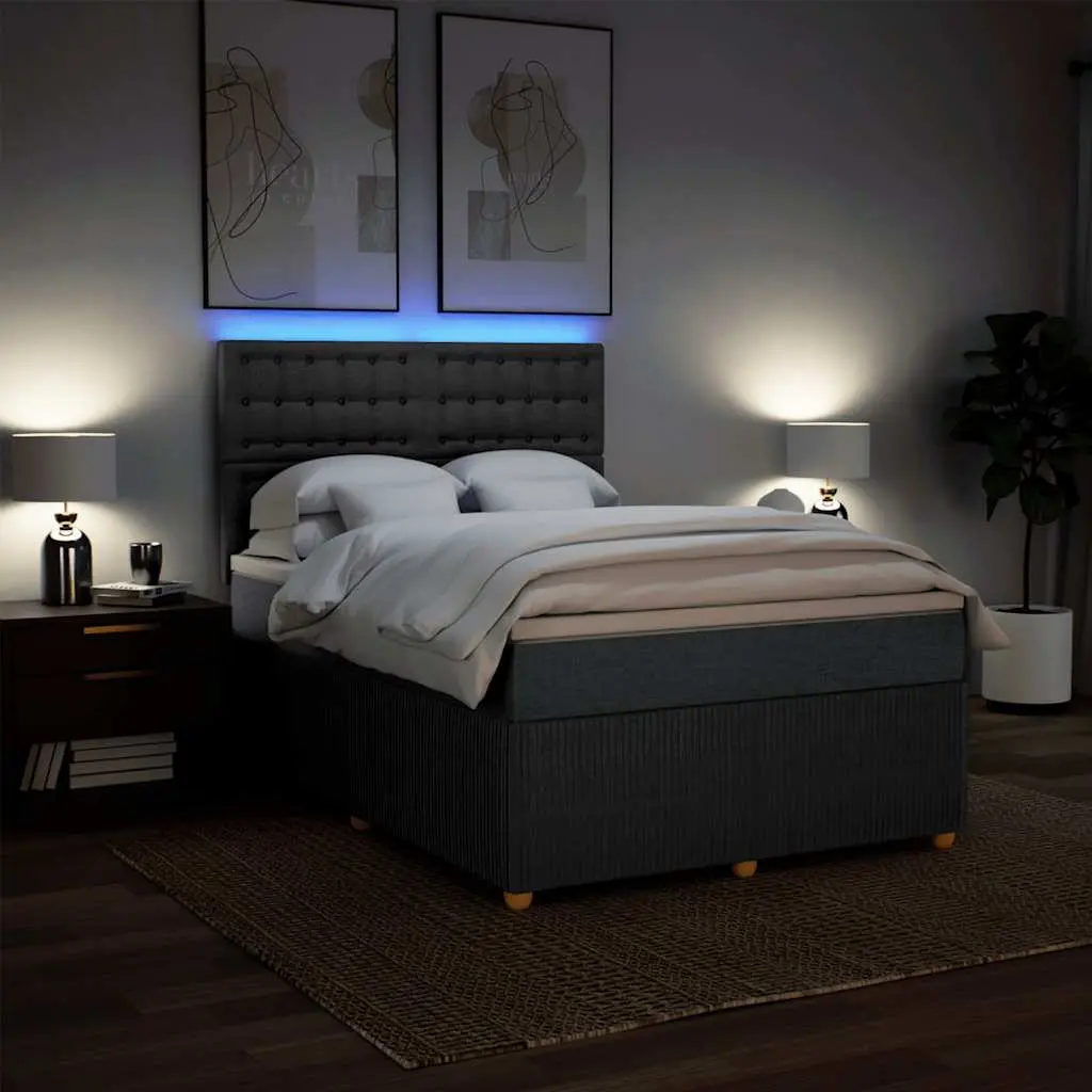 Queen Box Spring Bed with Pocket Spring Mattress LED Lights Grey Fabric
