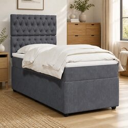 King Single Box Spring Bed: Grey Velvet, Pocket Spring, LED