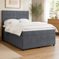 Double Box Spring Bed with Pocket Mattress LED Lights Adjustable Headboard Grey
