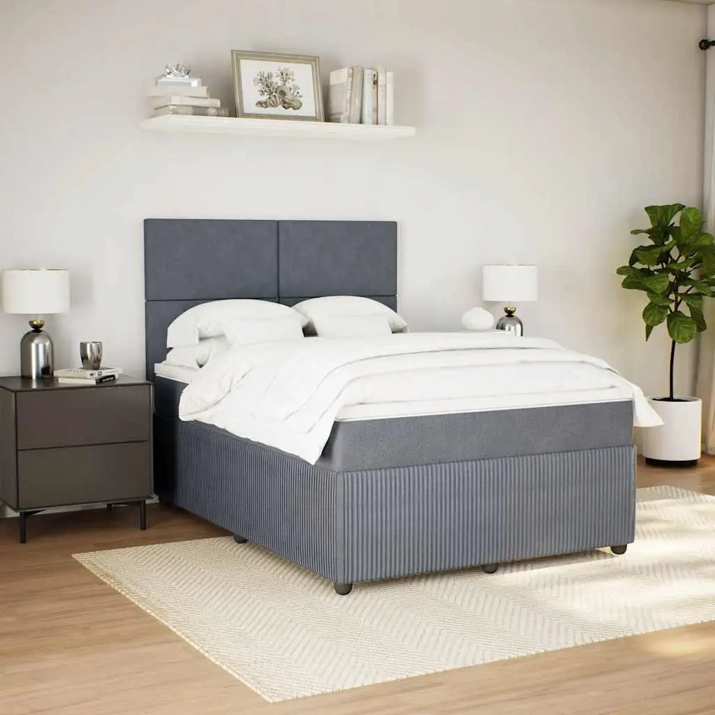 Queen Box Spring Bed with Mattress for Bedroom Dark Grey Velvet with Adjustable Headboard and LED Lighting