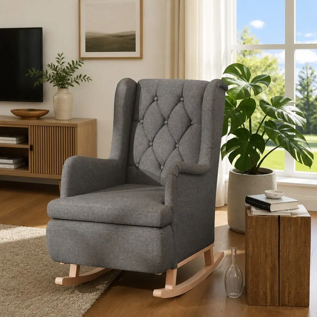 Grey Fabric Armchair with Rocking Base and Foam Seat