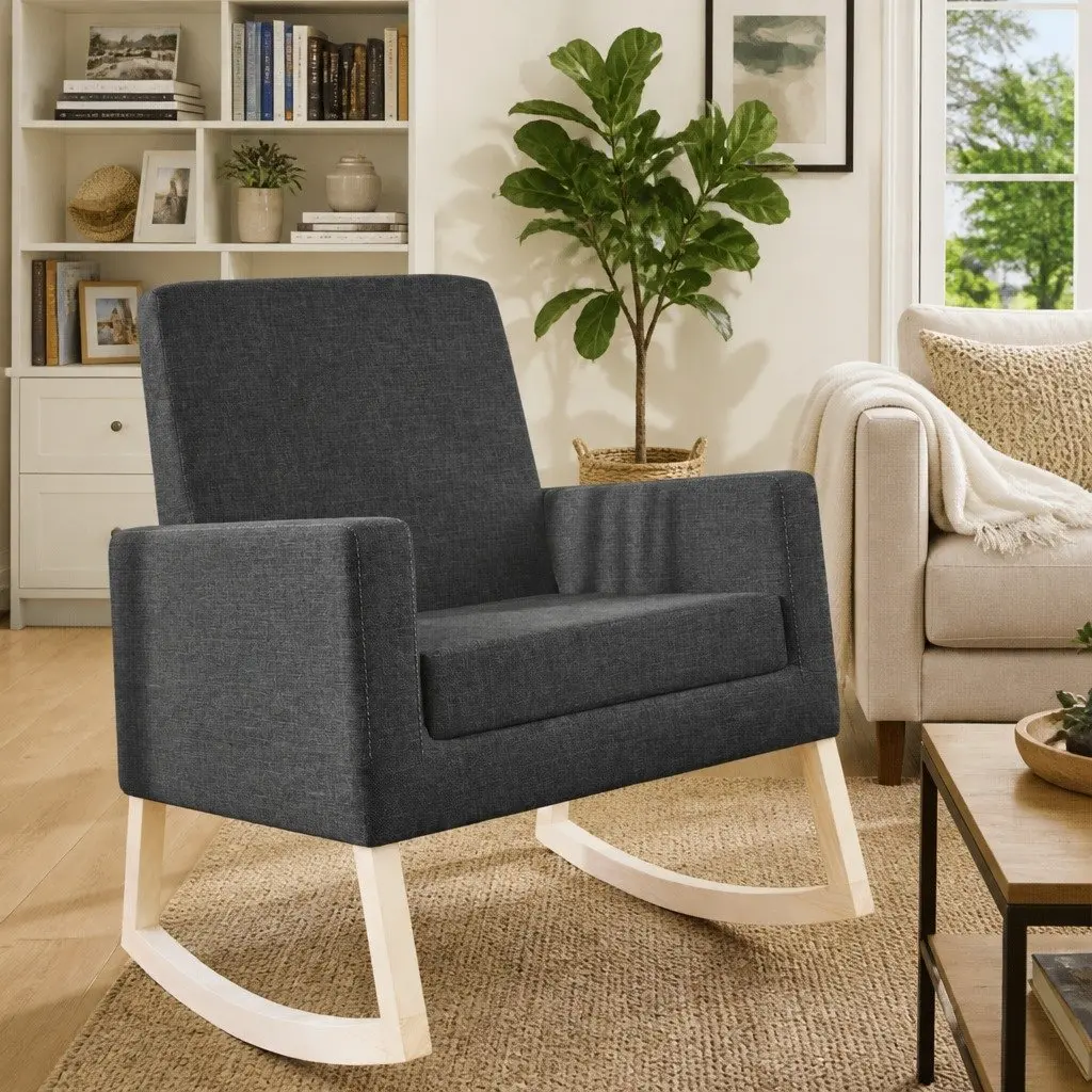 Fabric Upholstered Grey Rocking Chair with Wood Arms