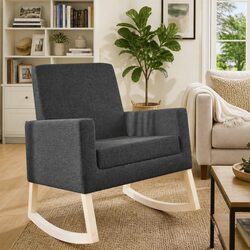 Rocking Chair Grey Fabric Upholstered Wooden Armrest Relaxing Lounge Seating