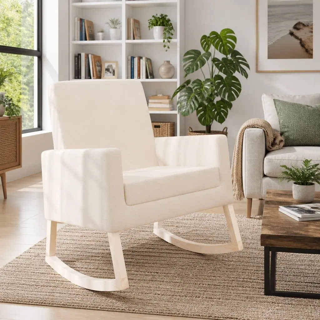 Rocking Chair with Cream Upholstery and Wooden Frame