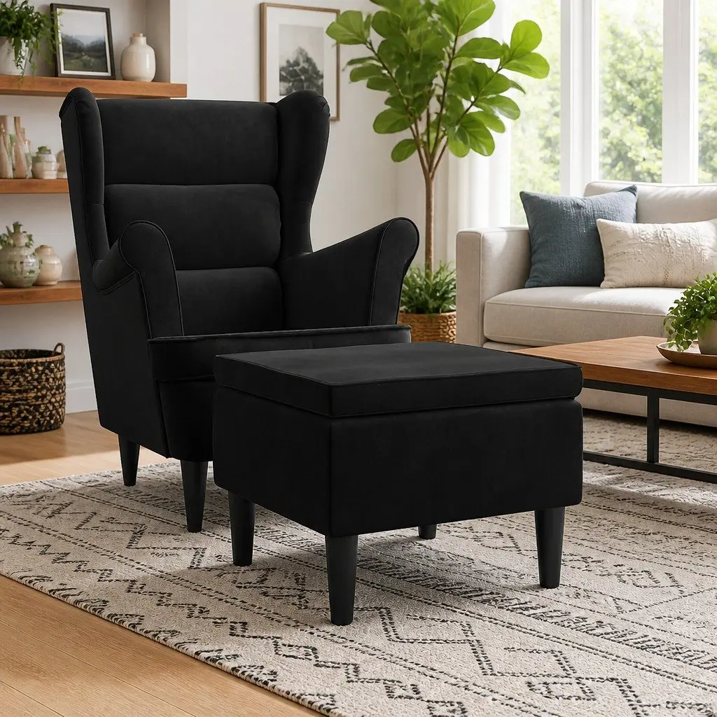 Black Velvet Stool with Wooden Legs