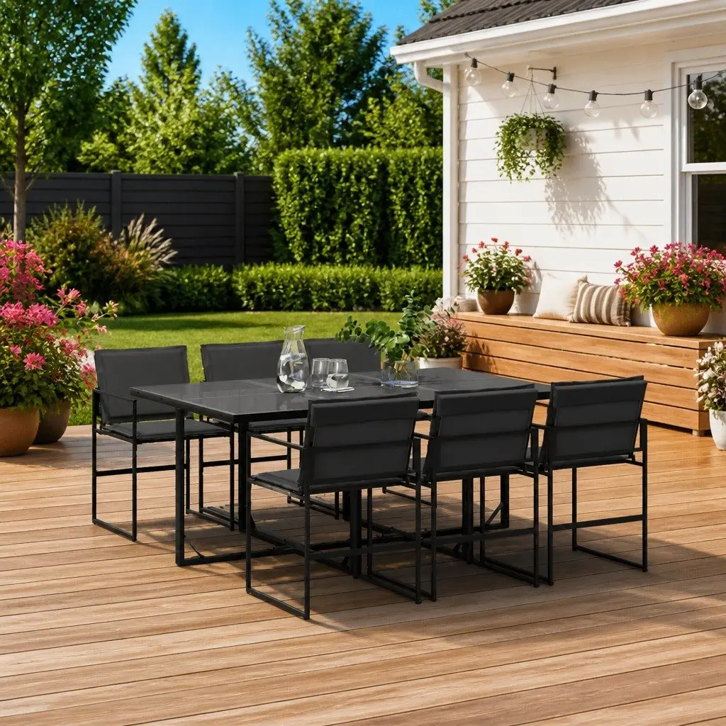 7 Piece Outdoor Dining Set Black Textilene Chairs Tempered Glass Table Patio