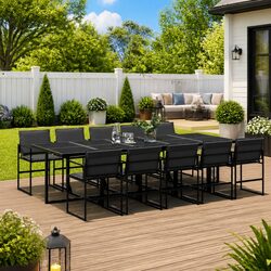 Garden Dining Set: 11 Pieces, Black Textilene & Glass Table