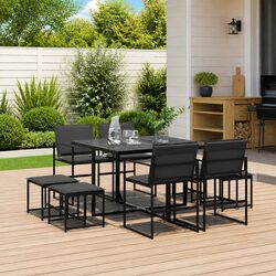 Specifications of 9 Piece Outdoor Dining Set: Black Fabric Chairs
