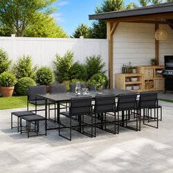 Garden Dining Set: 13 Pieces, Black, Powder-Coated Steel