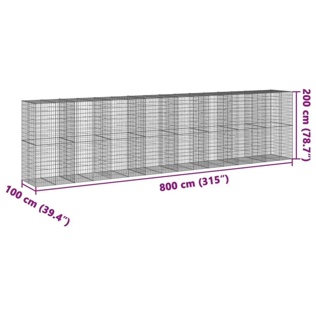 Gabion Basket with Cover 800x100x200 cm Silver Wire Cage Outdoor Garden