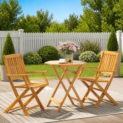 3 Piece Folding Bistro Set Outdoor Garden Patio Furniture Brown Acacia Wood