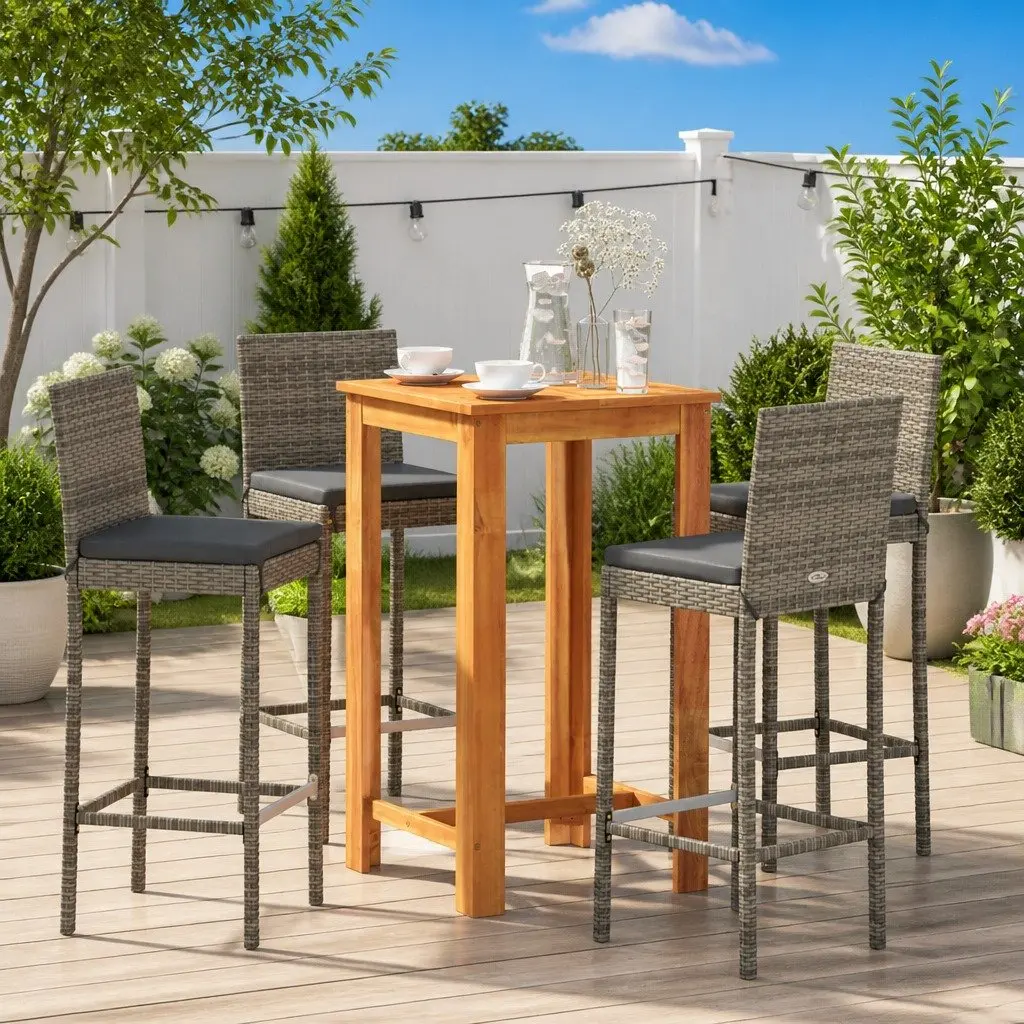 Garden Bar Set Outdoor Dining 5 Piece Grey Acacia Wood Rattan Stools Table