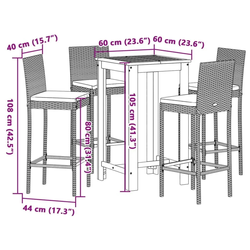 Garden Bar Set Outdoor Dining 5 Piece Grey Acacia Wood Rattan Stools Table