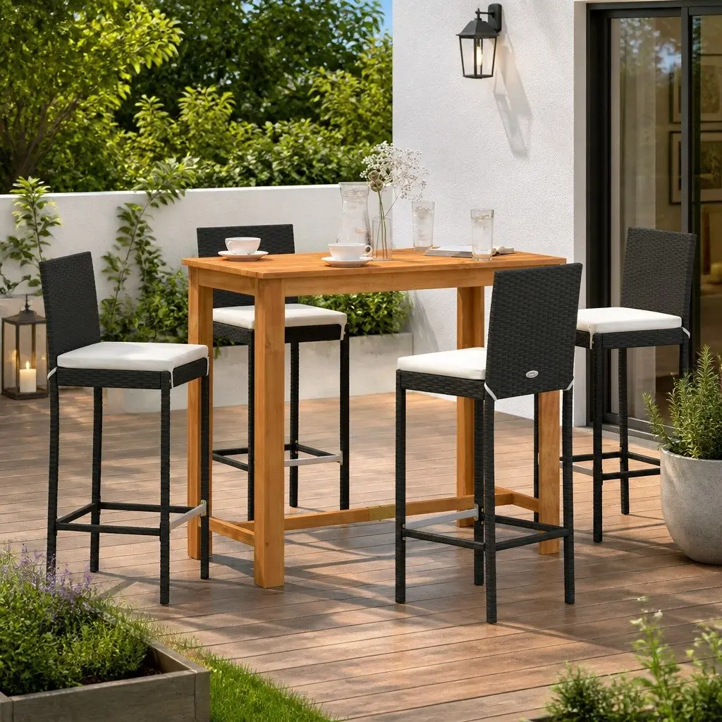 5 Piece Garden Bar Set Outdoor Use Acacia Wood Poly Rattan