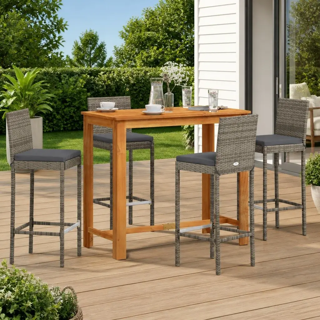5-Piece Grey Garden Bar Set with Acacia Wood Table
