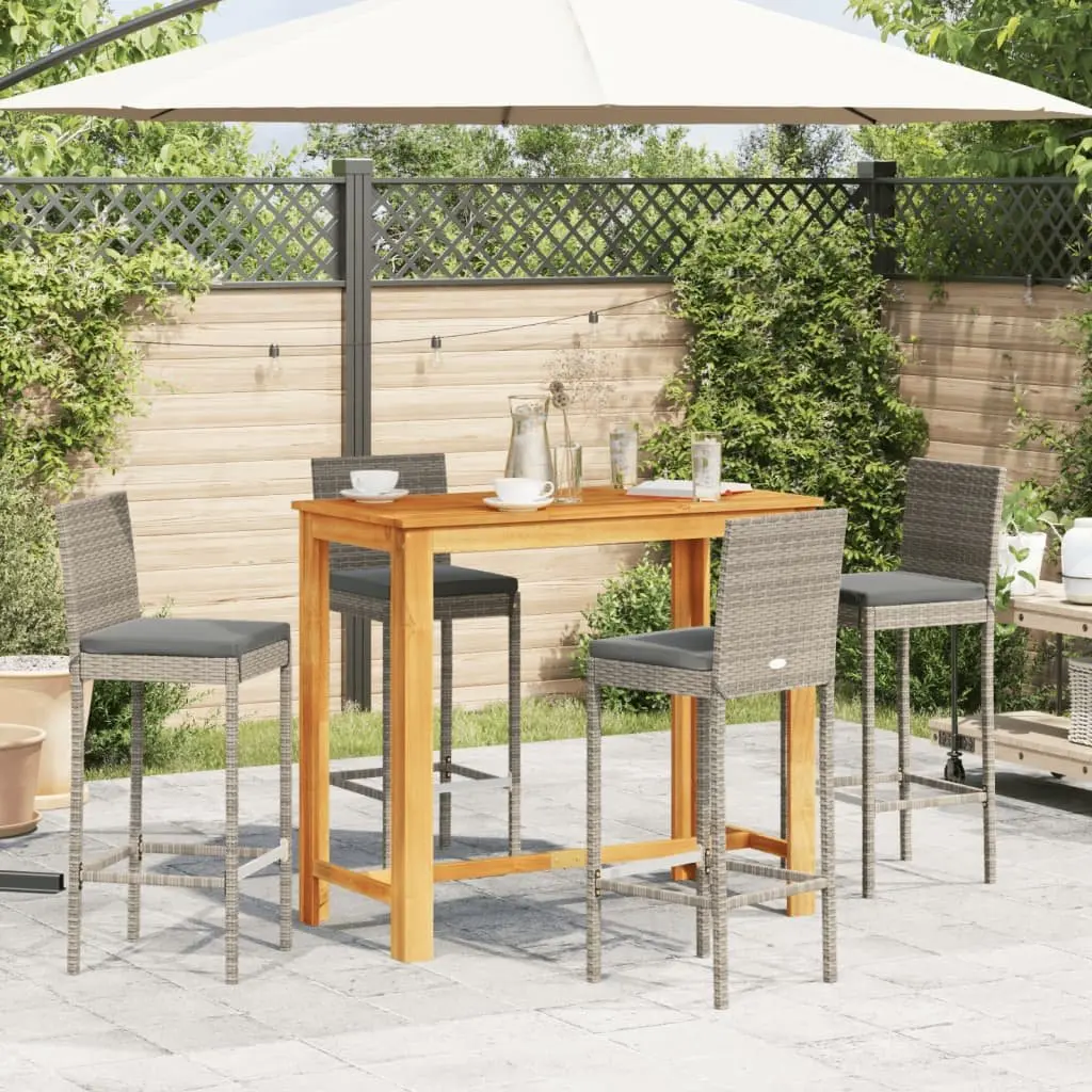 5-Piece Grey Garden Bar Set with Acacia Wood Table