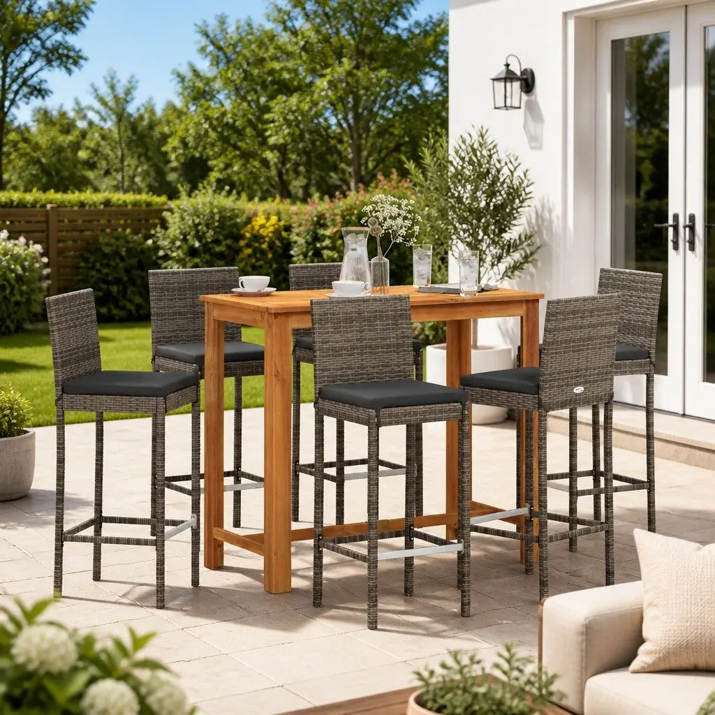 7 Piece Garden Bar Set for Outdoor Use Grey Acacia Wood and Poly Rattan Stools and Table