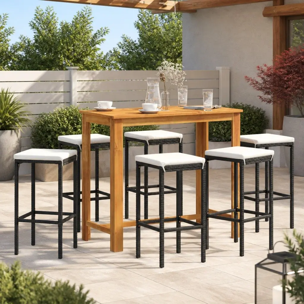 Garden Bar Set 7 Piece Outdoor Poly Rattan Bar Table Stools Acacia Wood Top