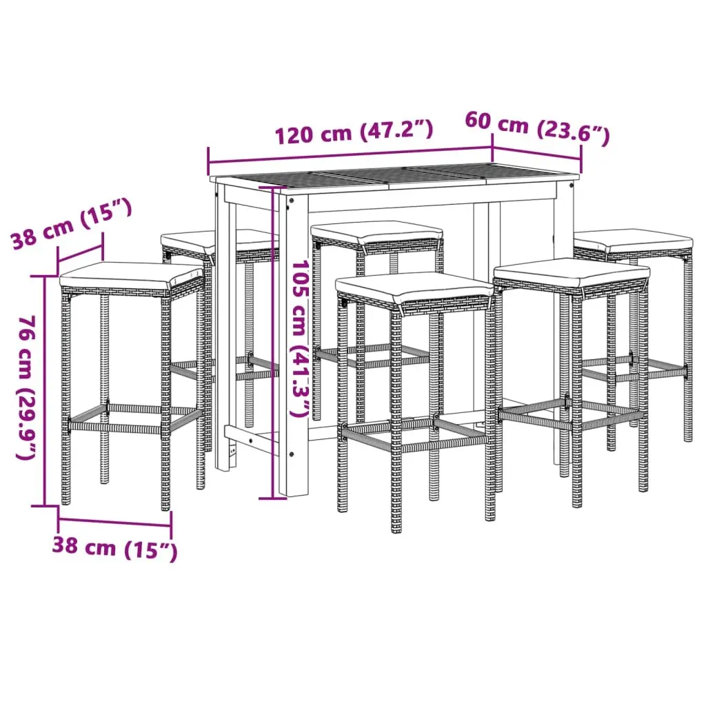 Garden Bar Set Outdoor 7 Piece Poly Rattan Bar Table Acacia Wood Top