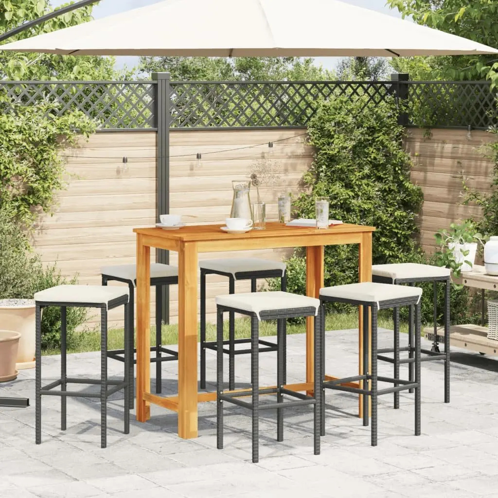 Garden Bar Set Outdoor 7 Piece Poly Rattan Bar Table Acacia Wood Top