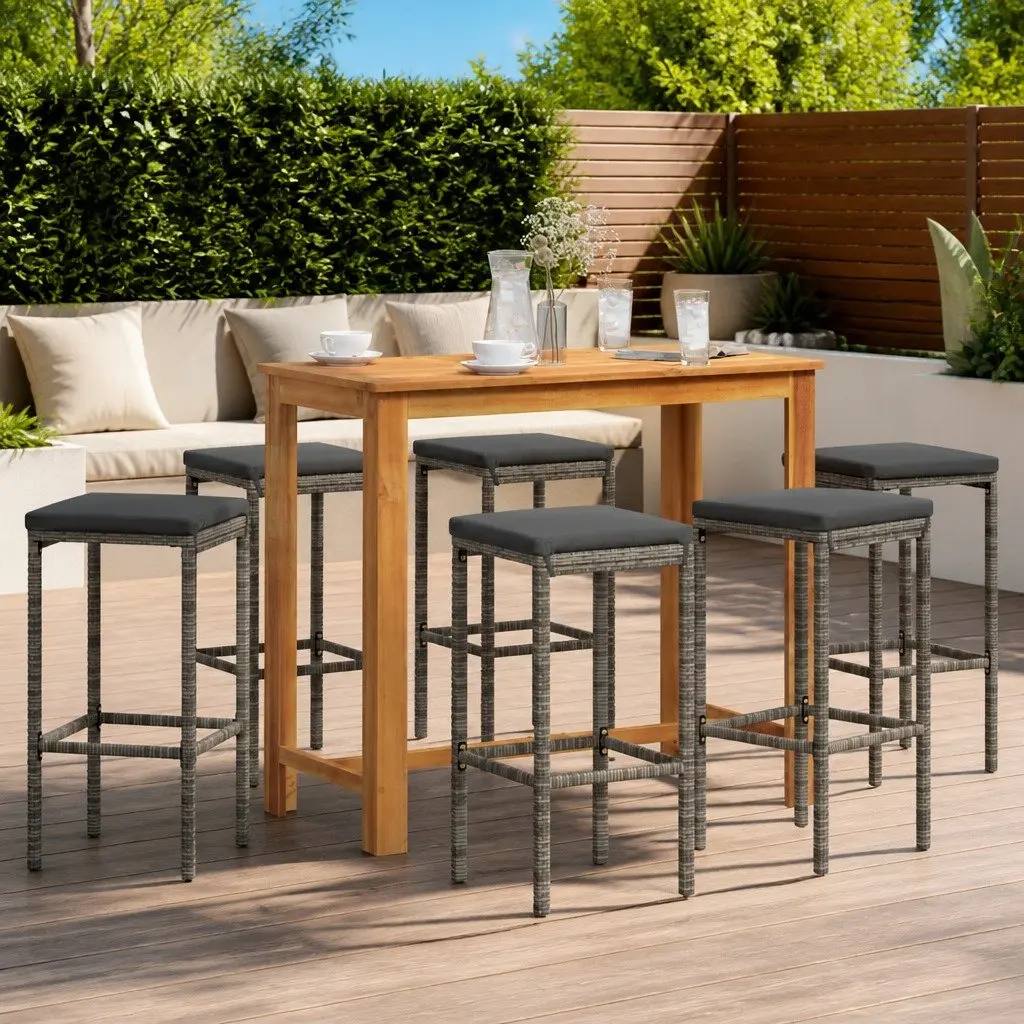7 Piece Garden Bar Set Outdoor Use Grey Acacia Wood Poly Rattan