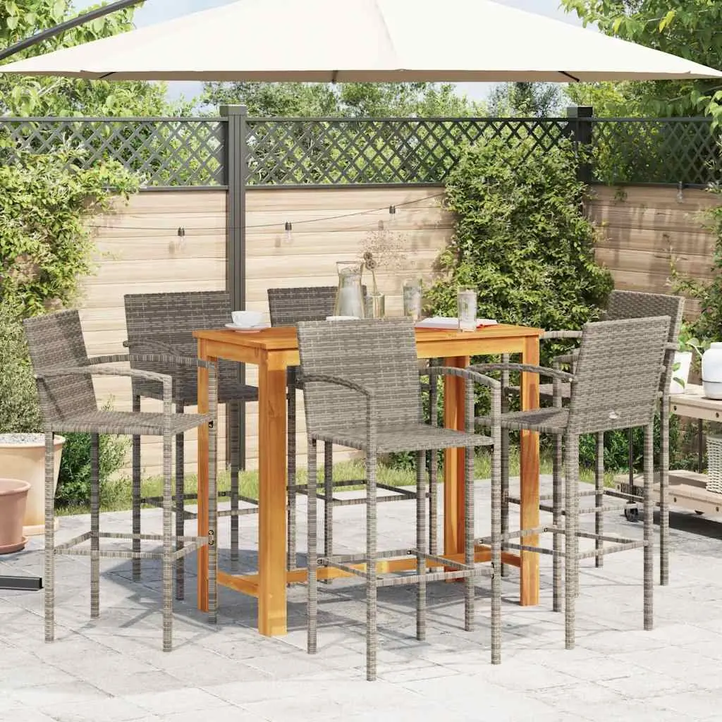 Garden Bar Set Outdoor Use 7 Piece Grey Acacia Wood Poly Rattan
