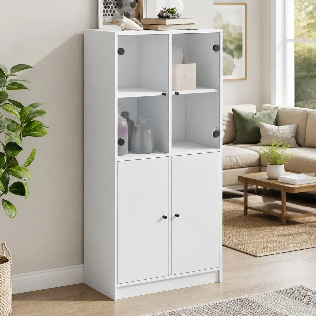 White Highboard Storage Cabinet with Doors Engineered Wood Buffet Sideboard