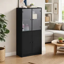 Highboard Storage Cabinet with Doors - Black 68x37x142cm
