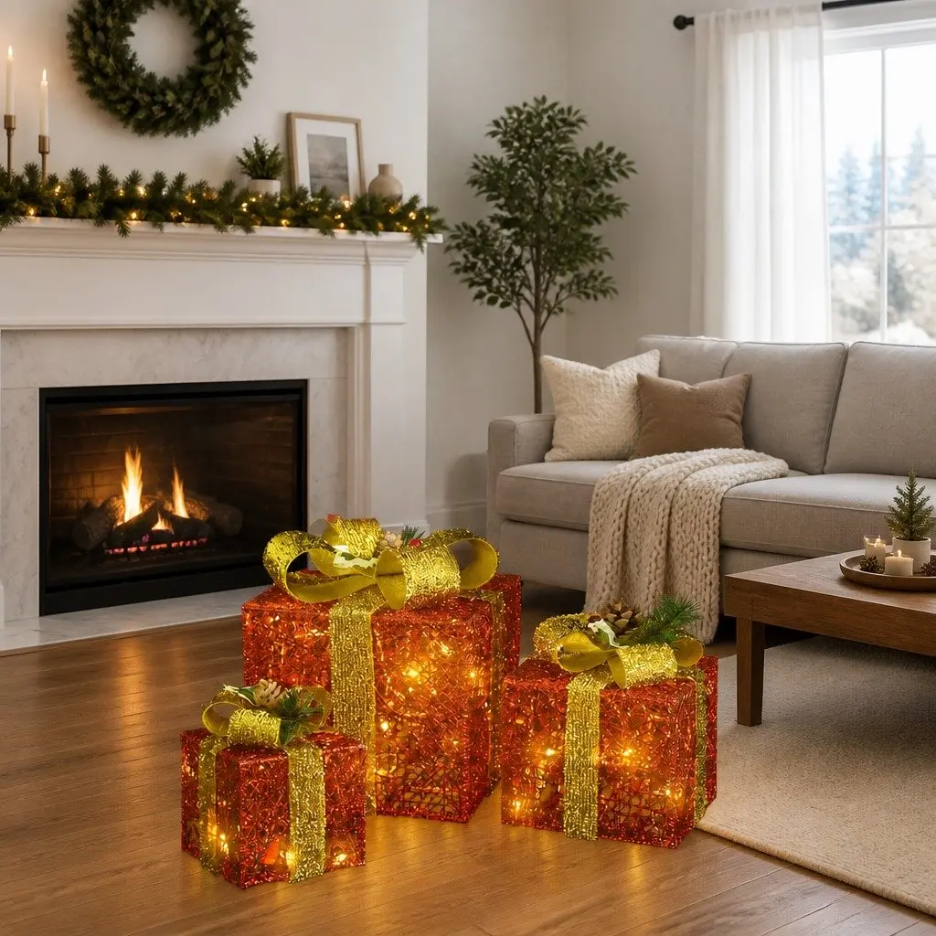 Decorative Gift Boxes Set Indoor Outdoor 3 Piece Red LED Lights