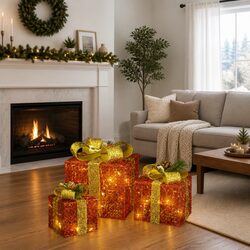 Christmas Gift Boxes with LED Lights - 3 Pieces
