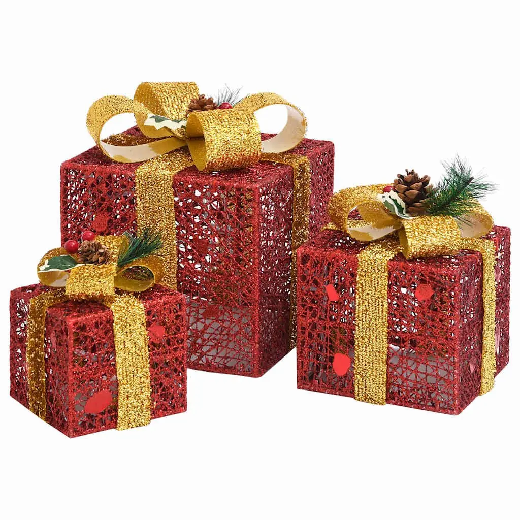 Decorative Gift Boxes Set Indoor Outdoor 3 Piece Red LED Lights