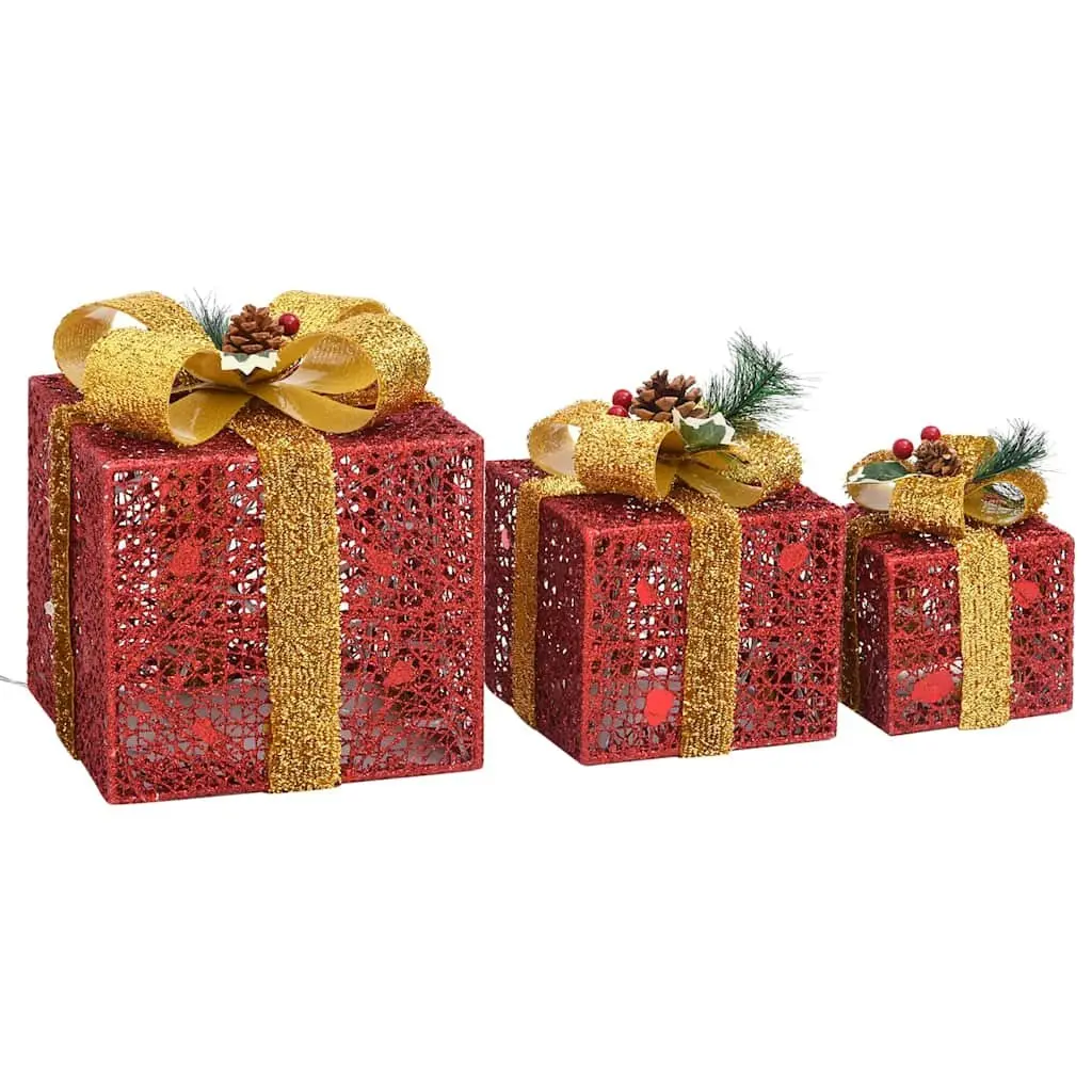 Decorative Gift Boxes Set Indoor Outdoor 3 Piece Red LED Lights