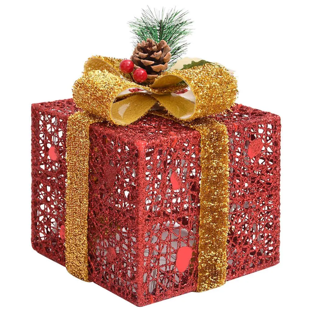 Decorative Gift Boxes Set Indoor Outdoor 3 Piece Red LED Lights
