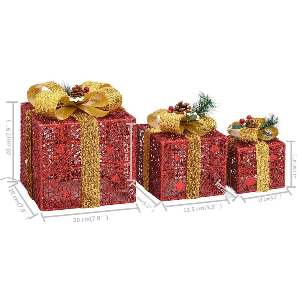 Decorative Gift Boxes Set Indoor Outdoor 3 Piece Red LED Lights