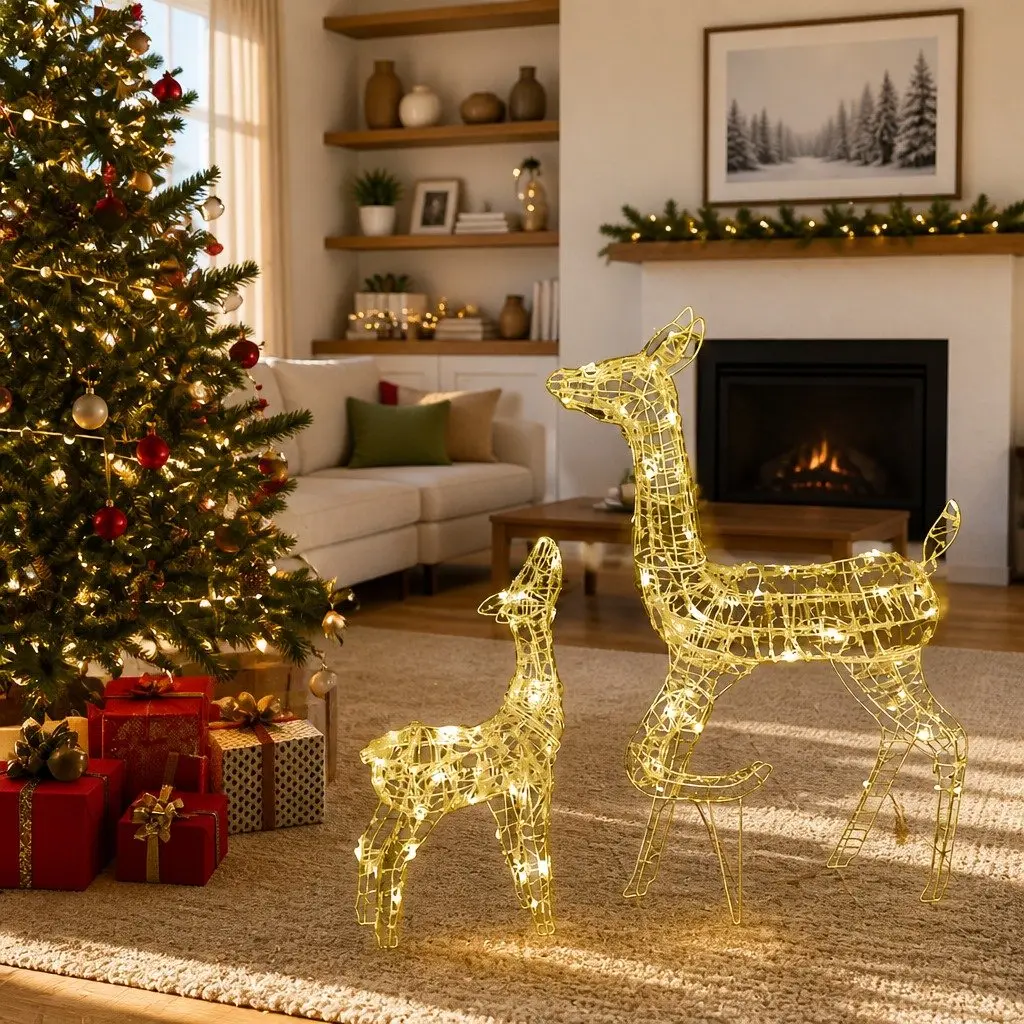 Acrylic Reindeer Family Christmas Decoration for Seasonal Use Pre-lit with 160 LED Warm White Lights 8 Lighting Effects