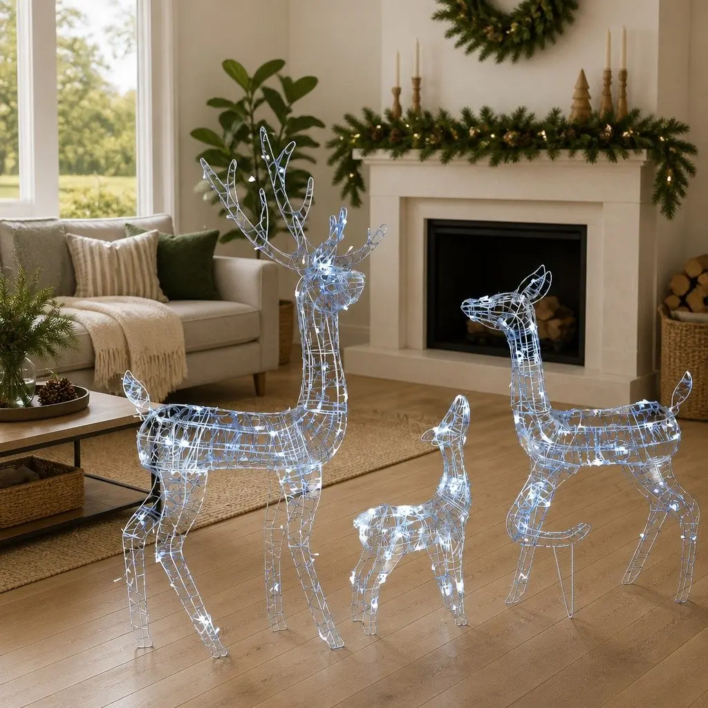 Acrylic Reindeer Family Christmas Decoration Indoor Outdoor 300 LED Cold White