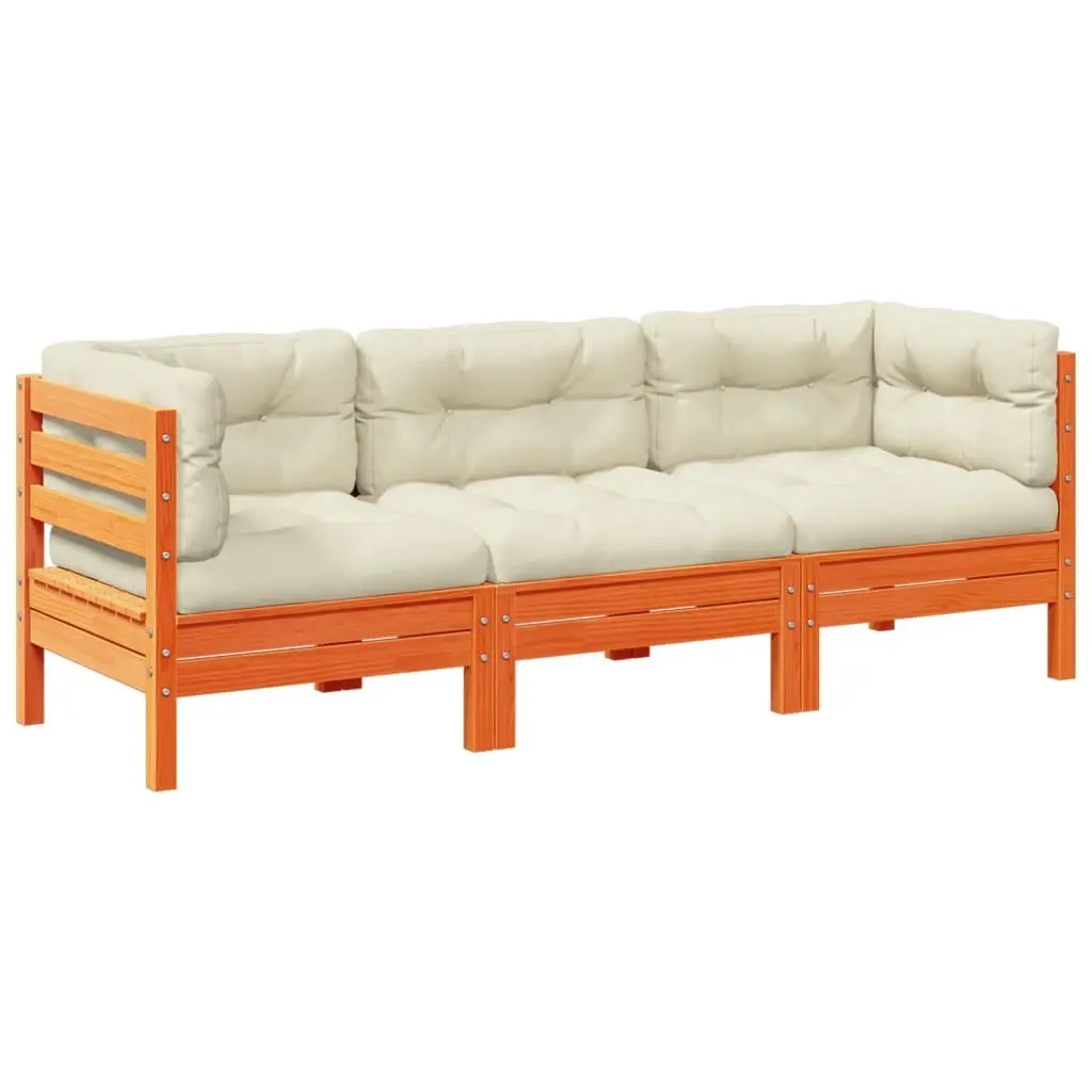 3 Piece Outdoor Garden Sofa Set with Cushions Brown Solid Pinewood Patio